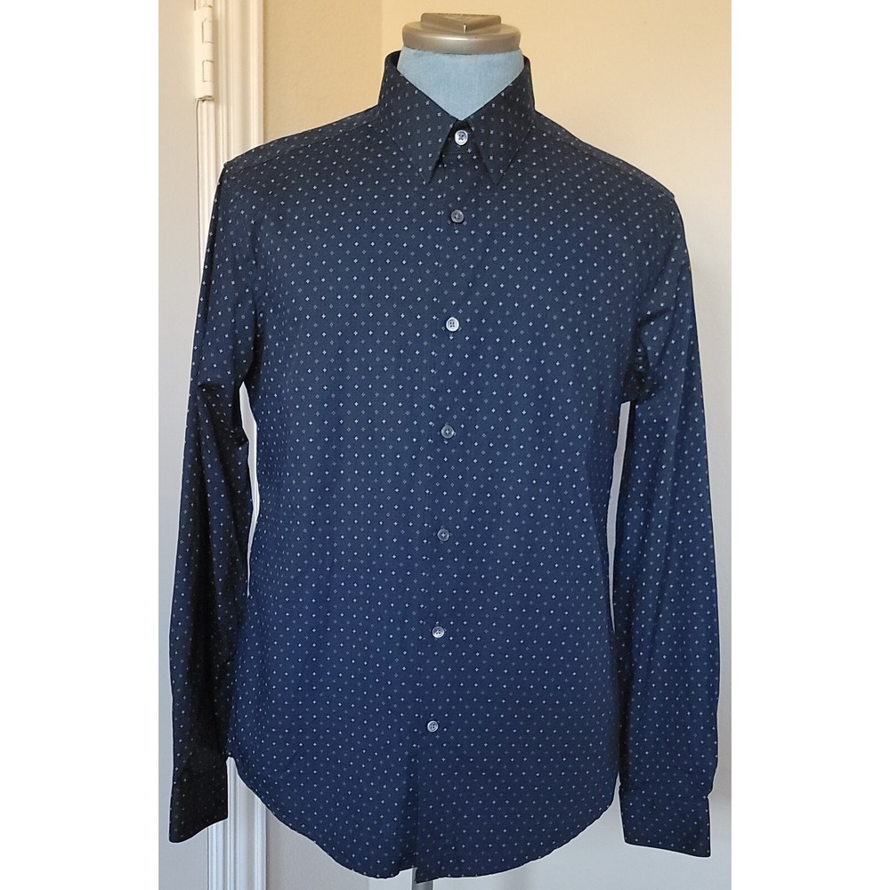 Theory Men's Navy Blue Long Sleeve Button Up Geometric Shirt Size Large